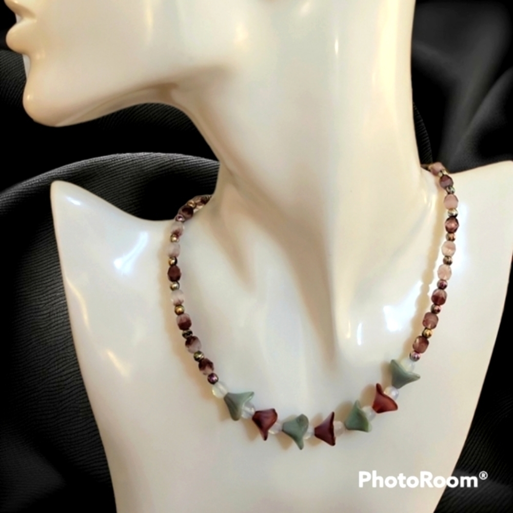HANDMADE Romantic Czech Glass Tulip Opalite Beaded Collar Necklace